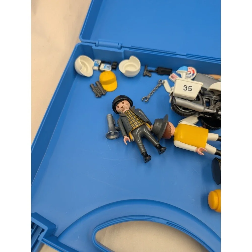 Playmobil Carrying Case W Figures Accessories Police Motorcycle Hockey Players